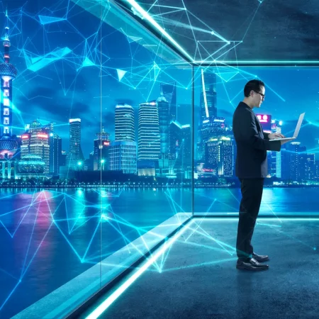Businessman in suit working with virtual 3d holographic interfac Businessman in suit working with virtual 3d holographic interface screens . Futuristic business, technology, internet and social networking technology concept .