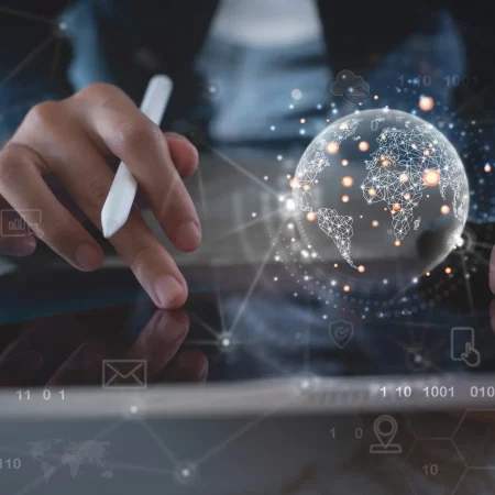 Global internet network connection technology, IoT, Internet of Global internet network connection technology, IoT, Internet of Things concept. Business man using digital tablet with global network and technology icons on virtual screen, remotely work