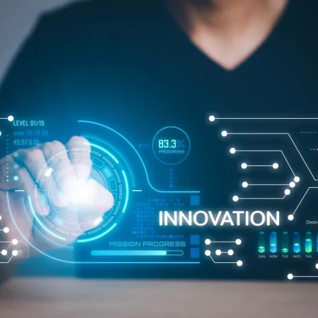 Innovation with Graphical User Interface Concept, businessman po Innovation with Graphical User Interface Concept, businessman pointing on a virtual panoramic screen. Innovative ideas presented by management consultants on-screen, design, invention development
