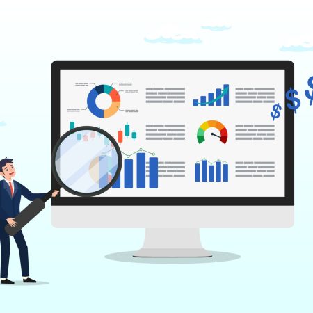 Businessman analyse financial report on computer screen, financial report chart and graph diagram, economics or budget analysis, investment statistic dashboard, revenue or finance research (Vector) Businessman analyse financial report on computer screen, financial report chart and graph diagram, economics or budget analysis, investment statistic dashboard, revenue or finance research (Vector)