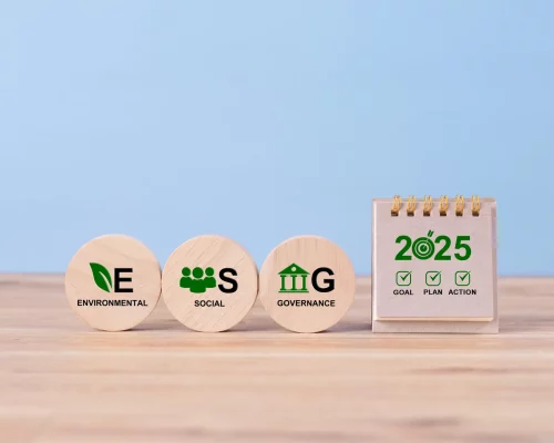 ESG goals by 2025 concept. Sustainable corporation development. Wooden blocks symbolize ESG, Environmental Social Governance with a calendar marking 2025 and checked boxes for Goal, Plan, Action. Nouvelles fonctionnalités CCH Tagetik